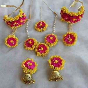 Floral Bridal Haldi Yellow pink Jewelry Mehendi Floral jewelry Babyshower Bridal Floral Jewelry floral jhumki earrings