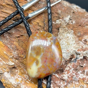 Vaquilla Agate Cabochon Bolo Tie - Minimalist Design with Rainbow Petrified Wood from Mexico and Sterling Silver Tips
