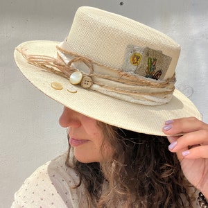 size 58 | &#39;Boho summer&#39; Boater hat beige sandy| bespoke Custom Design Hat | Unique Hat Designs | Headwear Design | Personalized Upcycled Art