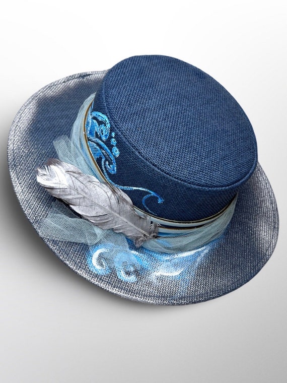 Size 60 | Sea Waves Blue Boater Handpainted Hat | Bespoke  display picture 3