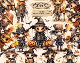 Watercolor Halloween Scarecrows Clipart, Cute Halloween Characters, Spooky Fall Season Bundle, PNG Graphics, Scrapbook, Commercial Use