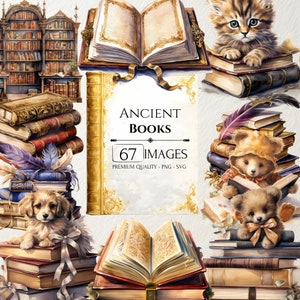 Watercolor Ancient Fantasy Books Clipart, Reading Books Bundle, Library, PNG And SVG, Scrapbook, Paper Crafts, Junk Journal, Commercial Use