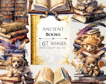 Op de afbeelding: Een verzameling van 67 afbeeldingen van antieke boeken, met illustraties van dieren, waaronder een kat, een beer en een hond, met veren en een boekenkast op de achtergrond. De tekst "ANCIENT BOOKS" en "67 IMAGES" wordt weergegeven op een gouden achtergrond.