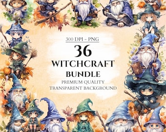 Figuras de hechicería en acuarela, imágenes prediseñadas mágicas, paquete de Halloween, mago, bruja, lindos gráficos PNG, artesanías de papel, álbum de recortes, uso comercial