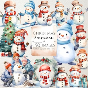 Cute Watercolor Christmas Snowman Clipart, Xmas Graphics Bundle, Winter Season, PNG And SVG, Paper Crafts, Scrapbook, Commercial Use