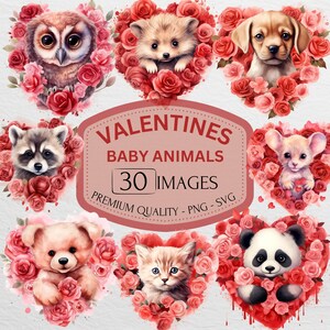 Clipart de animais bebês em aquarela fofa para o dia dos namorados, pacote de design de rosas em coração, presentes, flores, PNG e SVG, lixo eletrônico, uso comercial