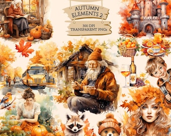 Watercolor Autumn Clipart Bundle, Autumn Time, Fall Leaves And Trees, PNG Graphics, Paper Crafts, Scrapbook, Commercial Use
