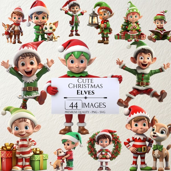 Simpatica clipart 3D degli elfi di Natale, pacchetto di illustrazioni degli elfi di Natale, animali domestici e regali di Natale, stagione invernale, PNG e SVG, artigianato con la carta, diario spazzatura