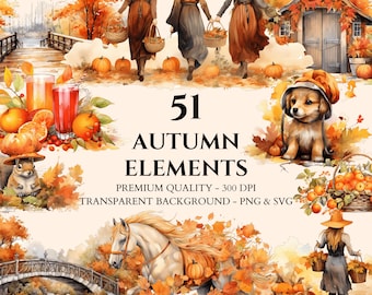 Watercolor Autumn Clipart Bundle, Autumn Time, Fall Leaves And Trees, PNG And SVG Graphics, Commercial Use