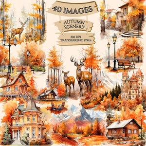 Watercolor Autumn Scenery Clipart Bundle, Fall Landscapes, PNG Graphics, Autumn Season, Paper Crafts, Scrapbook, Commercial Use