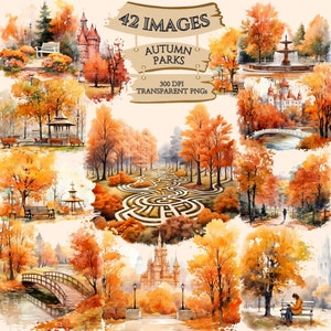 Watercolor Autumn Parks Clipart Bundle, Fall Season, PNG Graphics, Printable Image, Paper Crafts, Scrapbook, Commercial Use