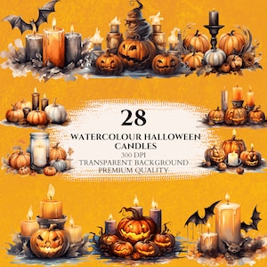 Watercolor Halloween Candles Clipart, Spooky Pumpkins, PNG Bundle, Printable Image, Digital Download, Scrapbook, Paper Crafts, Junk Journal