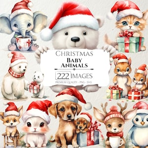 Niedliche Aquarell Weihnachten Baby Tiere Clipart, Wald Illustrationen Bundle, Winter Saison, PNG und SVG, Papiermodelle, Junk Journal