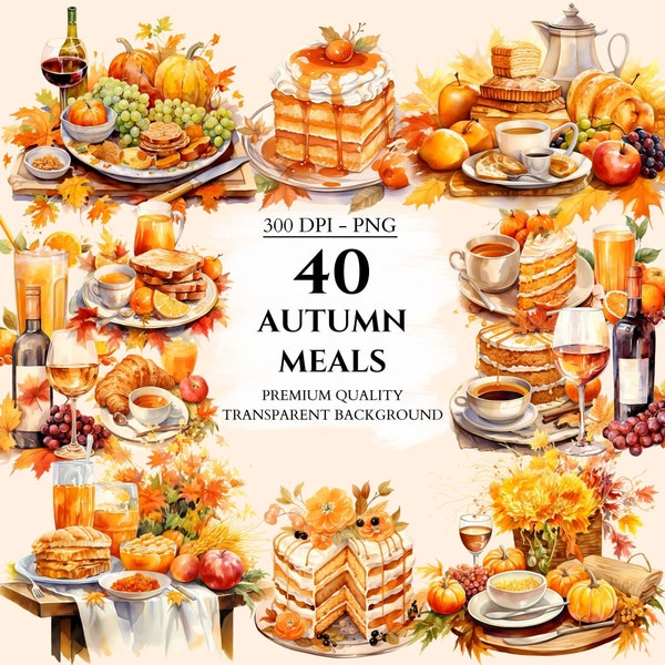 Autumn Meals Clipart, Food Bundle, Breakfast - Lunch - Dinner, Fall Season, PNG Graphics, Paper Crafts, Scrapbook, Commercial Use