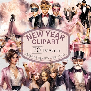 Happy New Year Watercolor Clipart, Party And Celebration Graphics Bundle, New Years Eve, Balloons And Gifts, PNG And SVG, Commercial Use
