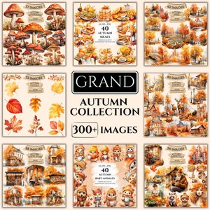 Watercolor Autumn Mega Clipart Bundle, Fall Season, Trees And Leaves, Cute Baby Animals, PNG, Grand Collection, Paper Crafts, Commercial Use