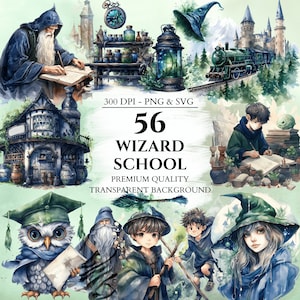 Watercolor Wizard School Bundle, Magic Academy Clipart, Halloween Graphics, PNG and SVG, Paper Crafts, Scrapbook, Commercial Use