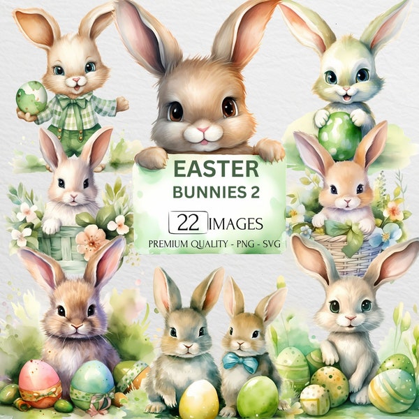 Watercolor Easter Bunnies Clipart, Spring Bundle, Cute Baby Animals, PNG & SVG, Rabbit, Eggs, Floral Bouquets, Nursery Decor, Commercial Use