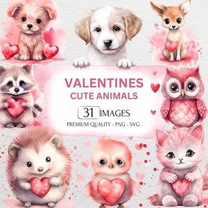 Pacote de clipart de animais bebês em aquarela fofa para dia dos namorados, PNG e SVG, cachorro, gato, coruja, guaxinim, pássaro, ouriço, chá de bebê, uso comercial
