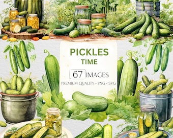 Watercolor Pickles Clipart, Food Bundle, Cucumber, Garden, Vegetables, Plants, PNG And SVG, Junk Journal, Paper Crafts, Commercial Use