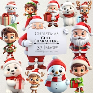 Simpatici personaggi natalizi 3D Clipart, pacchetto di illustrazioni di Natale, Babbo Natale, elfo, pupazzo di neve, renna, stagione invernale, PNG e SVG, lavoretti con la carta