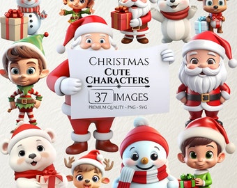 Cute 3D Christmas Characters Clipart, Xmas Illustrations Bundle, Santa Claus, Elf, Snowman, Reindeer, Winter Season, PNG & SVG, Paper Crafts