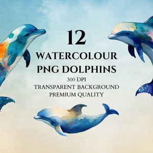 Watercolor Dolphin Clipart, Digital Download, PNG Bundle, Undersea Animals, Ocean, Baby Shower, Printable Image, Scrapbooking
