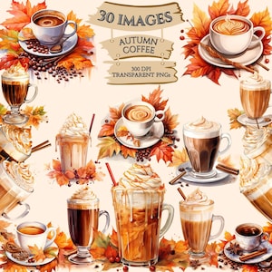 Watercolor Autumn Coffee Clipart, Fall Season, Drinks Bundle, Leaves, PNG Graphics, Paper Crafts, Scrapbook, Printable Image, Commercial Use