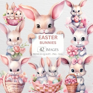 Aquarel paashazen clipart, lentebundel, schattige babydieren, PNG & SVG, konijn, eieren, bloemenboeketten, kinderdagverblijfdecor, commercieel gebruik