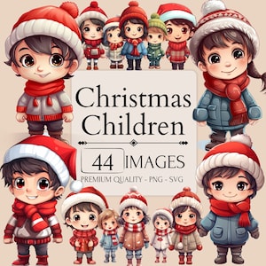 Simpatica clipart per bambini di Natale, pacchetto di illustrazioni per bambini, grafica per ragazzi e ragazze, PNG e SVG, stagione invernale, artigianato con la carta, uso commerciale