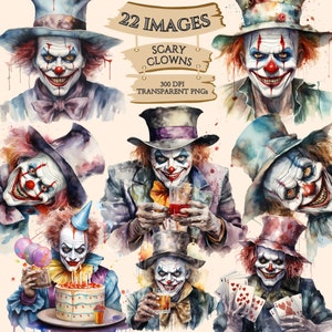 Imágenes prediseñadas de payasos de Halloween de acuarela aterradora, paquete espeluznante, gráficos PNG, imagen imprimible, diario basura, artesanías de papel, uso comercial