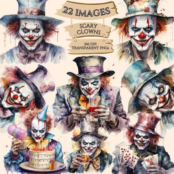 Scary Watercolor Halloween Clowns Clipart, Creepy Bundle, PNG Graphics, Printable Image, Junk Journal, Paper Crafts, Commercial Use