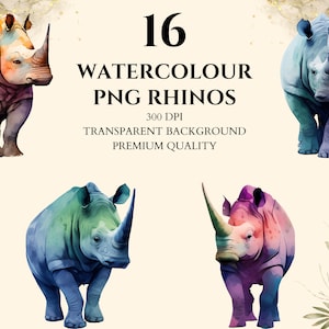 Rhino Clipart, Watercolor Bundle, Jungle Animals, Transparent PNG, Printable Image, Scrapbooking, Nursery Decor