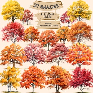 Puede incluir: 27 imágenes de árboles de otoño en varios tonos de rojo, naranja y amarillo. Los árboles están aislados sobre un fondo blanco. El texto "27 IMAGES AUTUMN TREES 300 DPI TRANSPARENT PNGs" está en un letrero de madera.