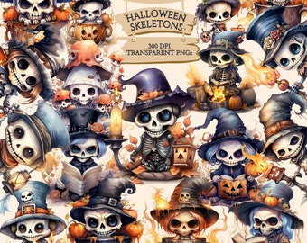 Cute Halloween Skeletons Clipart, Spooky Watercolor Bundle, Skeletons And Pumpkins, PNG Graphics, Scrapbook, Paper Crafts, Commercial Use
