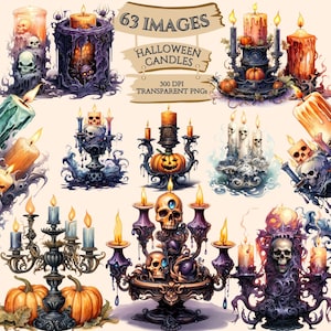 Watercolor Halloween Candles, Spooky Clipart Bundle, Pumpkins & Skulls, PNG Graphics, Junk Journal, Scrapbook, Paper Crafts, Commercial Use