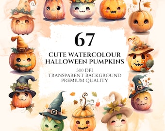 Watercolor Halloween Pumpkin Clipart, PNG Bundle, Printable Image, Digital Download, Scrapbook, Paper Crafts, Junk Journal, Commercial Use