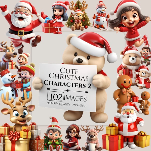 Clipart personnages de Noël 3D mignons, lot d'illustrations de Noël, père Noël, elfe, bonhomme de neige, renne, saison d'hiver, PNG & SVG, travaux manuels en papier