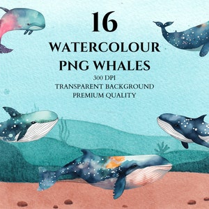 Whale Watercolor Clipart, Ocean Animals, Sea Creatures, Nursery Decor, PNG Bundle, Digital Download, Scrapbooking, Baby Shower