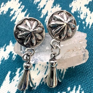 Sterling Silver Concho Squash Blossom Dangle Earrings - Southwestern Style