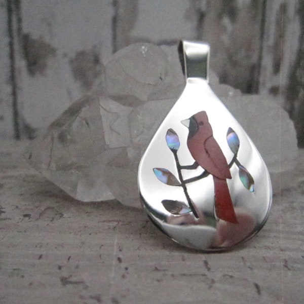 Zuni Native American Made Inlay Cardinal an Sterling Silver Pendant by Sanford Edaakie