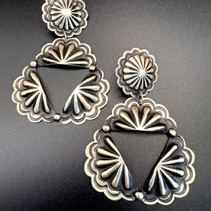 Large Sterling Silver Repousse Bump Out Native American Made Stamped Concho Post Earrings by Leander Tahe