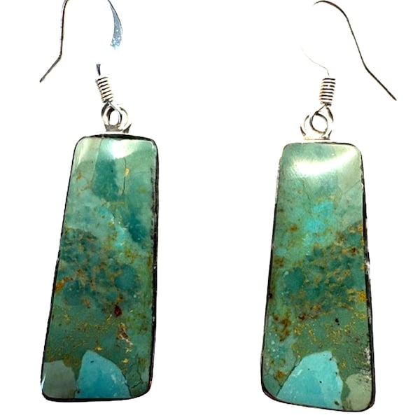 Genuine Turquoise Slab Earrings Authentic Native American Kewa Santo Domingo Made Green Turquoise Silver Framed Slabs
