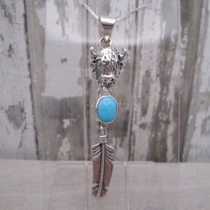 Buffalo Necklace Bison Necklace Sterling Silver Buffalo Bison Turquoise Feather Necklace Southwestern Western Cowgirl Rodeo Gift for Her