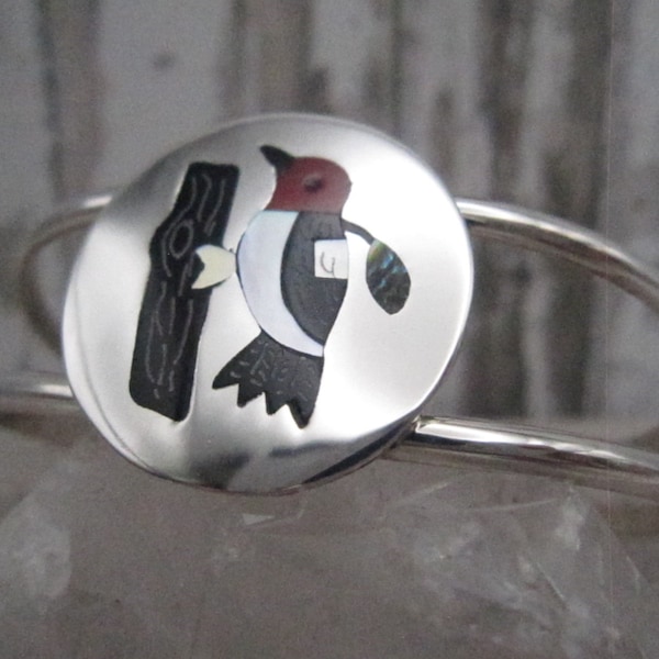 Zuni Native American Made Inlay Woodpecker and Sterling Silver Cuff Bracelet by Sanford Edaakie