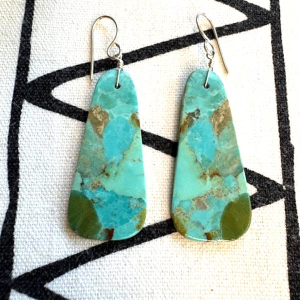 Authentic Native American Made Turquoise Slab Earrings: Green Blue Sterling Silver, Southwestern Cowgirl Jewelry