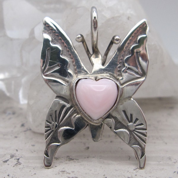 Native American Made Dainty Stamped Sterling Silver Butterfly Pendant with Pink Conch Heart Shaped Shell