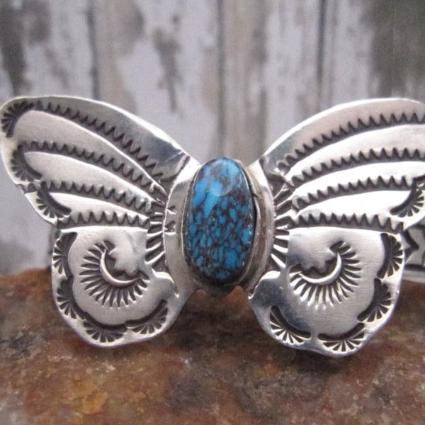 Native American Made Hand Stamped Sterling Silver and Turquoise Butterfly Cuff Bracelet