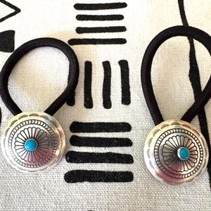 Turquoise Hair Tie Stamped Sterling Silver Concho Ponytail Holder Hair Tie Southwestern Western Cowgirl Style Gift for Her Gift for Girl