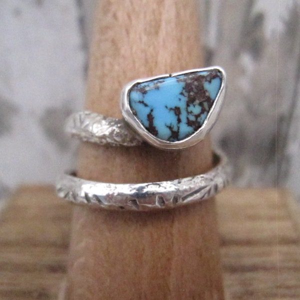 Zuni Native American Made Golden Hills Turquoise and Stamped Sterling Silver Bypass Ring by Jude Candelaria